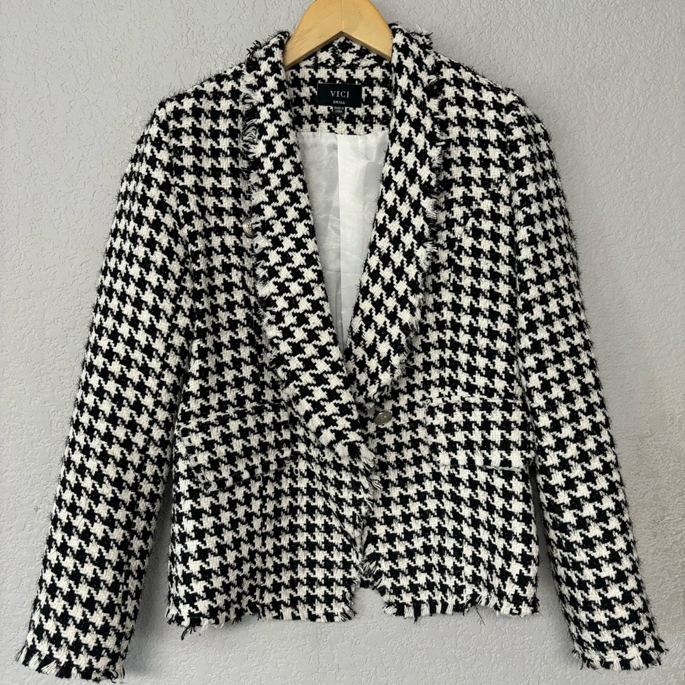 Vici Houndstooth‎ Black White Silver Button Blazer Shoulder Padded Size S
